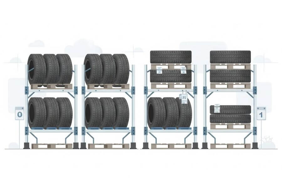 Стеллажи и паллетирование, предназначенные для защиты однородности шин, их конусности и логистики логотипов RFV.